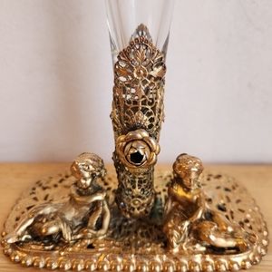 Antique Cherubs Vase Victorian Vase Gold Angel Filigree Bud Glass Fluted Gilt